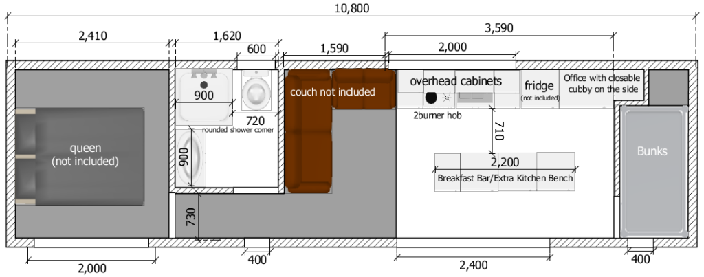 Absolute Tiny House Floorplan 10.8m x 3m